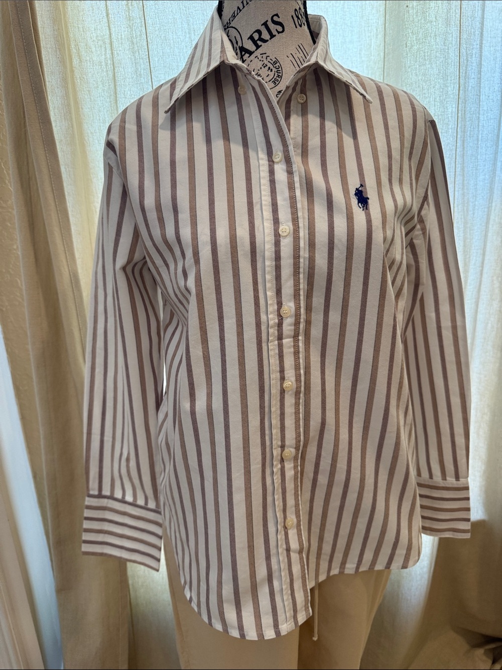 Ralph Lauren White Shirt with Brown Vertical Stripes factory defected.